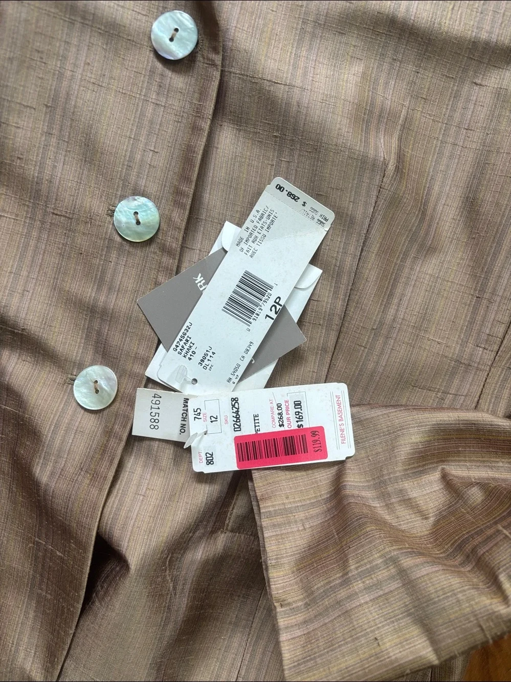 Vintage Jones New York tan/ brown silk suit size 12 petite. NWT
